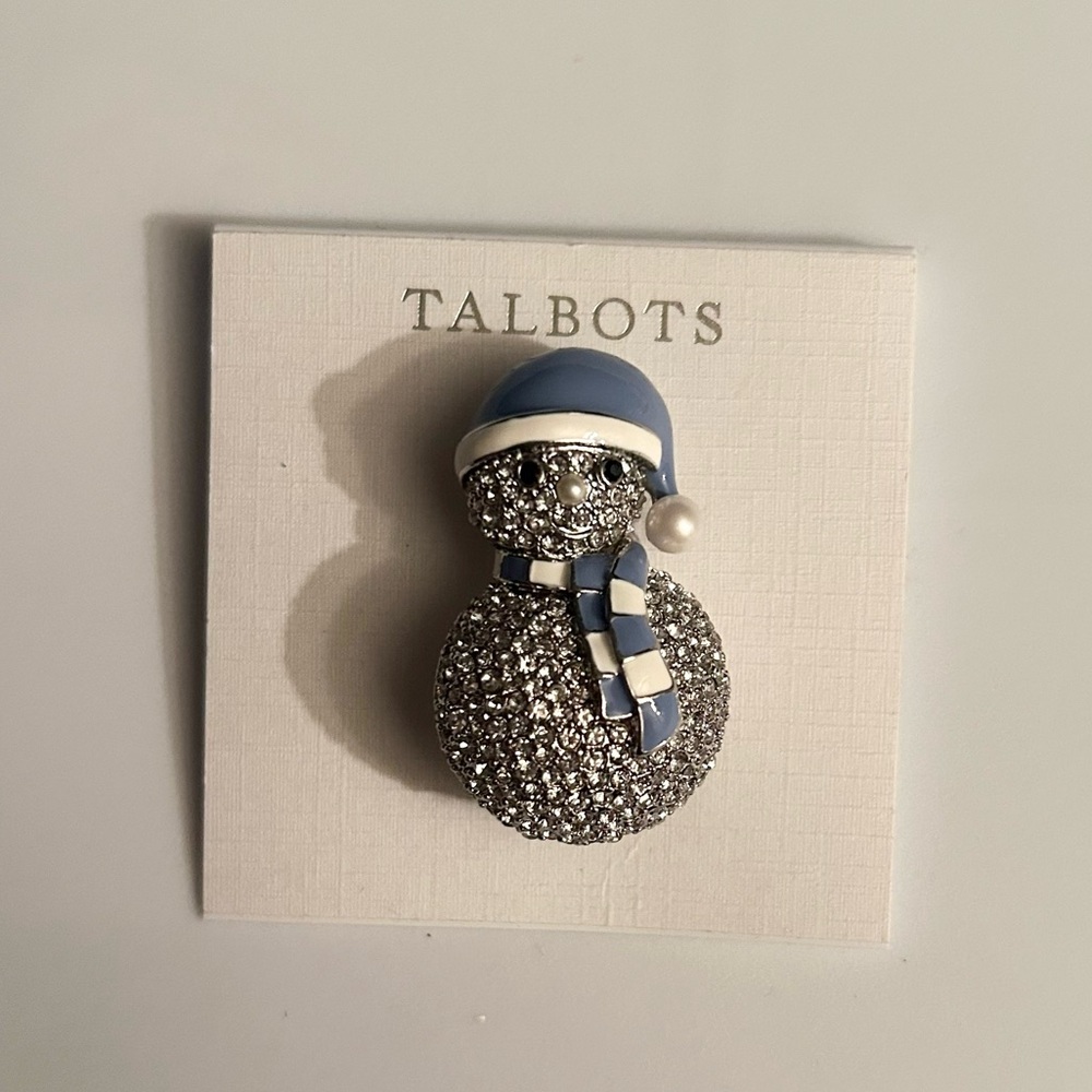 Talbots Silver Rhinestone Snowman Brooch with Blue Enamel Hat and Scarf